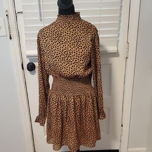 She + Sky Tan and Black Leopard Print Long-Sleeve Smocked Dress